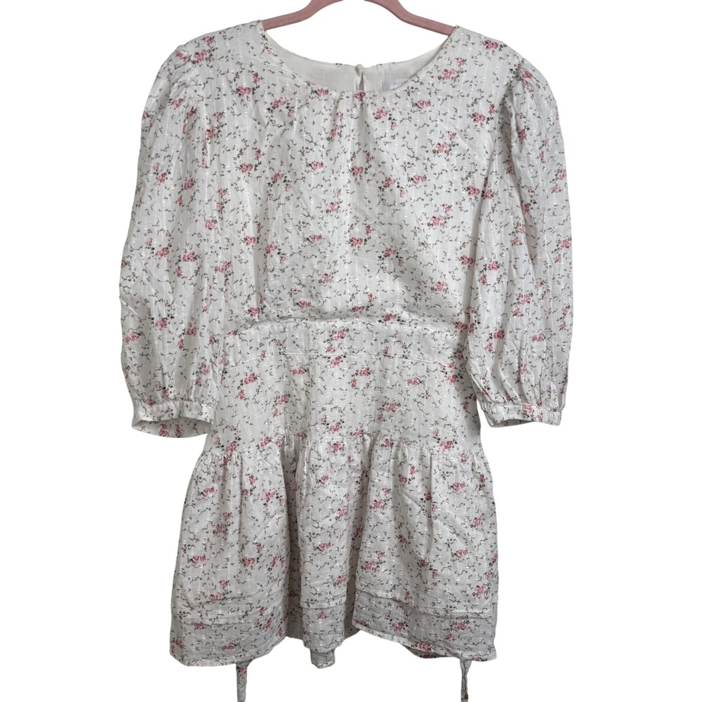 Olivaceous Floral Mini Dress Large White Pink Cottagecore Coquette Puff Sleeve